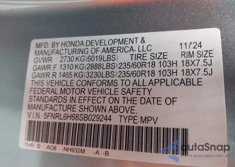 2025 Honda Odyssey Ex-L из США, поврежденный, VIN 5FNRL6H68SB029244